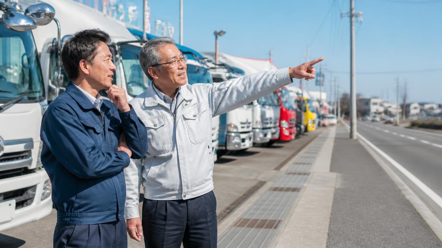 地元での知名度は高い。「近隣地区では知らない人はいないほど」 国道沿いの中古トラック展示場の前に立つ男性2人 遠くを指さして会話