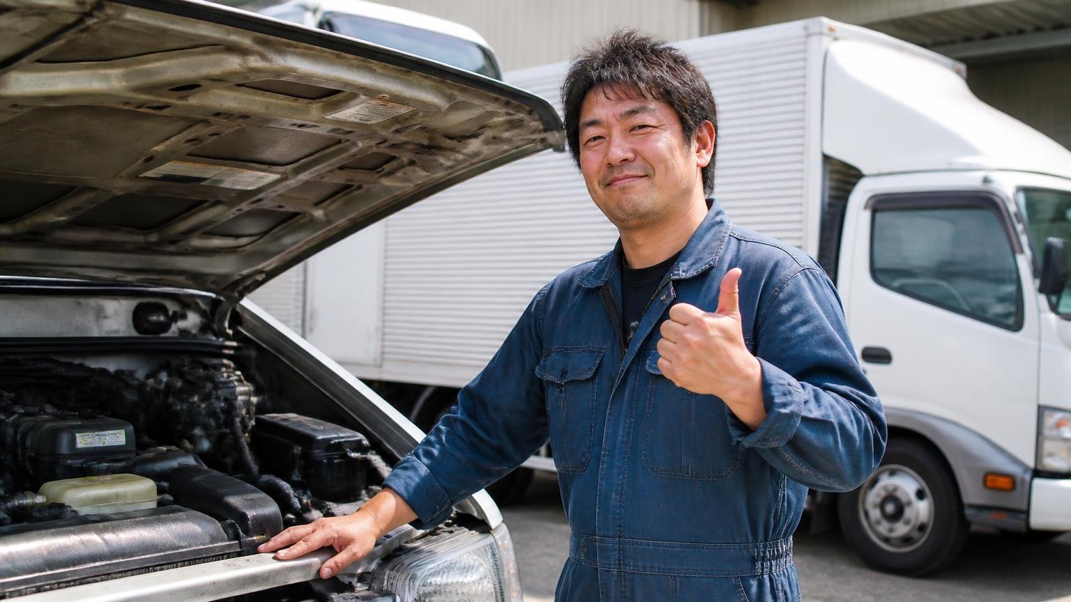 購入半年で故障なしという評価。屋外の車庫で自分のトラックのボンネットを開け満足そうにうなずく男性1人