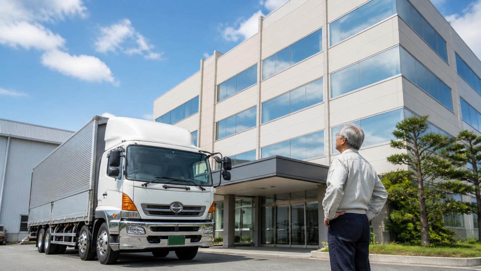 60年以上の沿革と拠点 川崎の本社社屋の前に停まる大型トラック 年配の社員1人が建物を見上げている