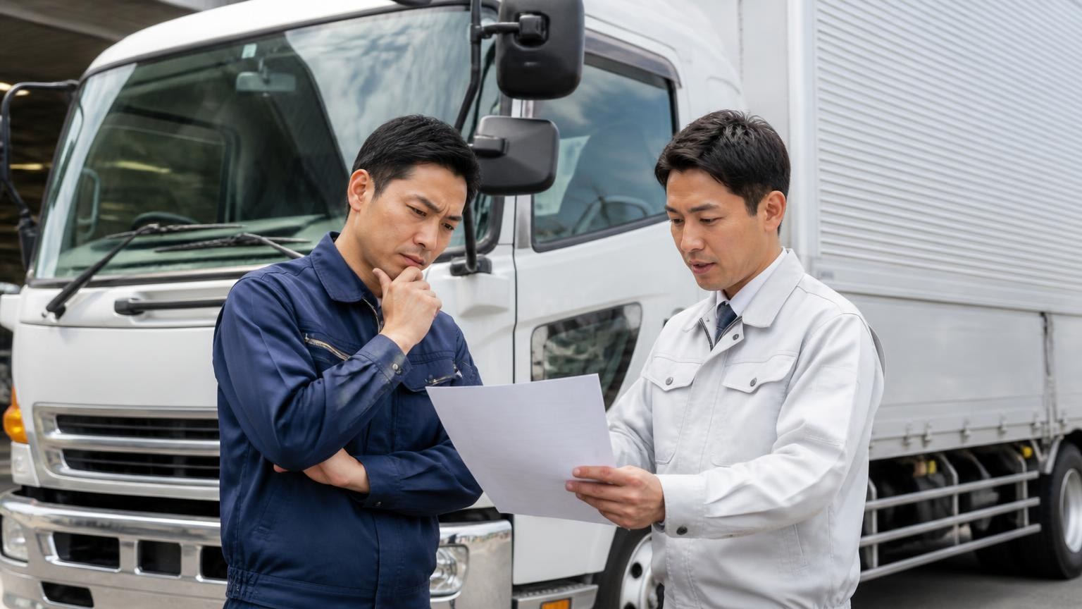 査定料や出張費が無料か確認｜営業所の車庫に停まった4tトラックの前で男性2人が書面を見る