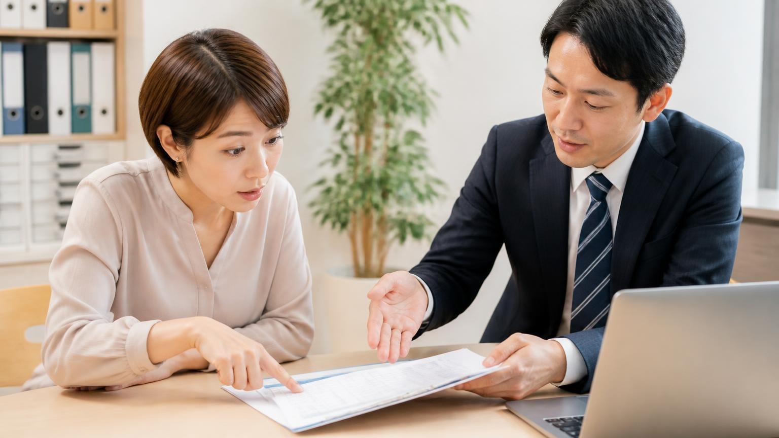 公式サイトで確認できなかったこと|事務所で見積書の項目を指さして質問する30代女性と説明する男性