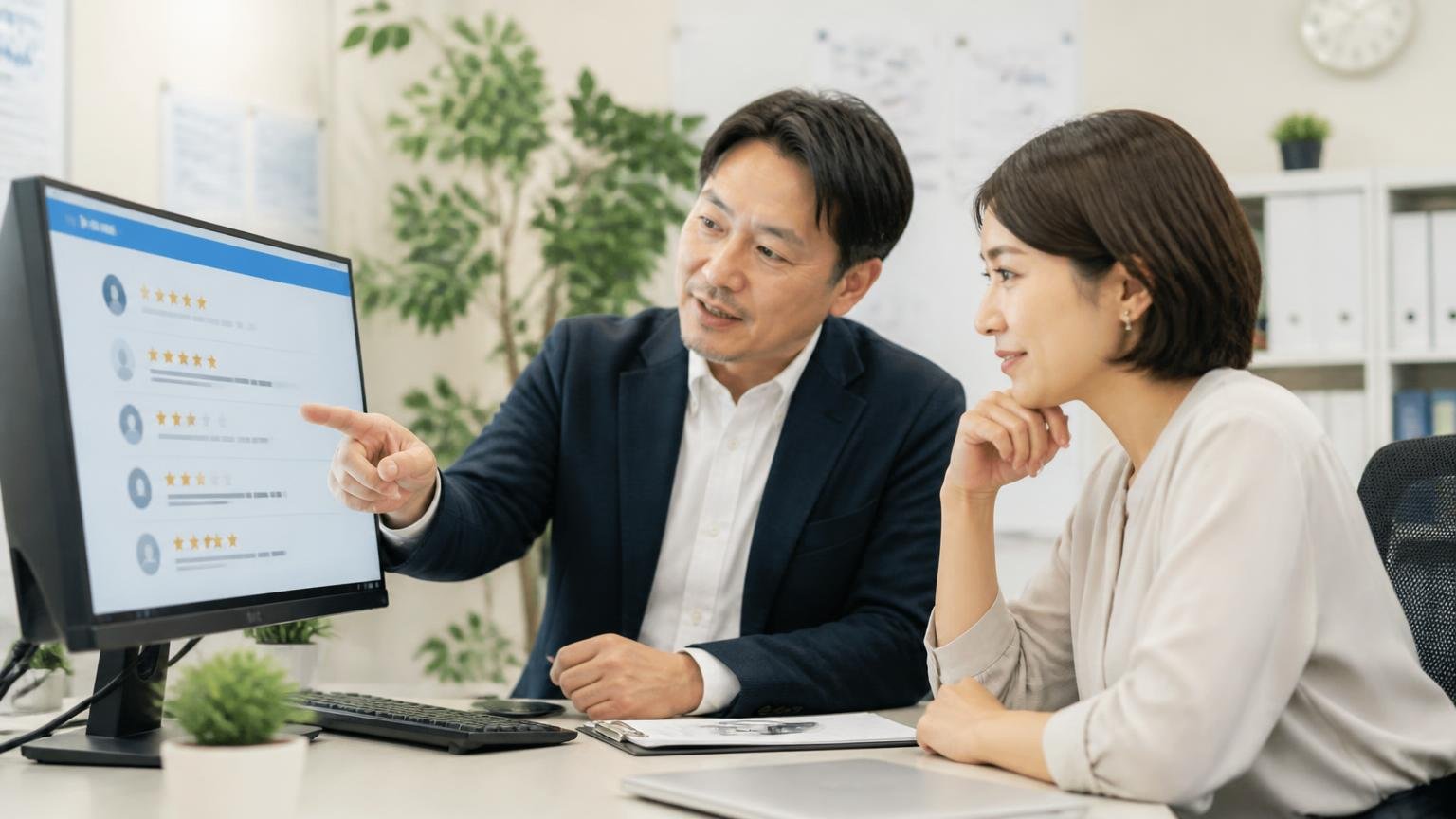口コミの偏りを解説する場面。事務所でパソコンの口コミ画面を指さすベテラン男性1人と頷く女性1人