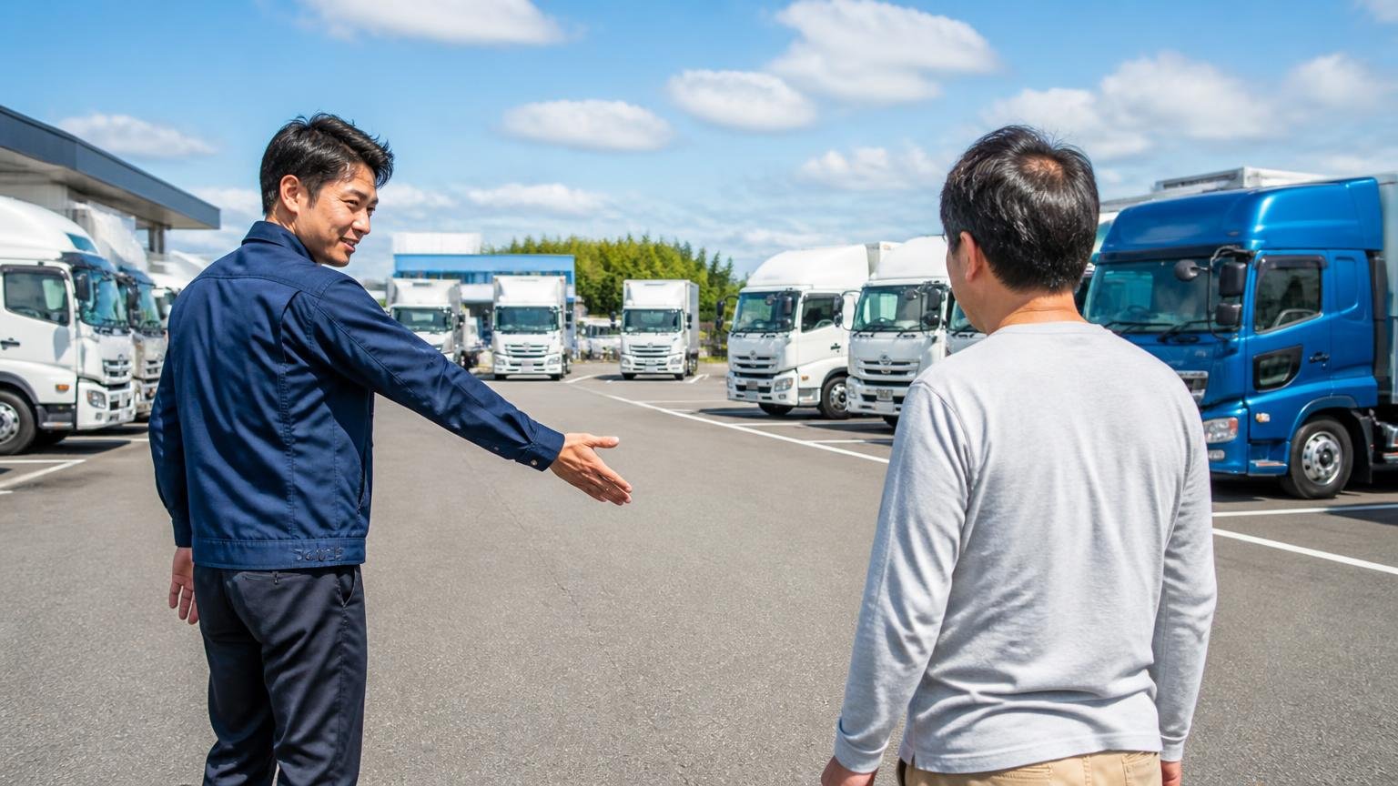 高評価の口コミは何を評価していたのか。広い展示場でトラックの駐車位置を手で案内するスタッフ1人と来場者1人