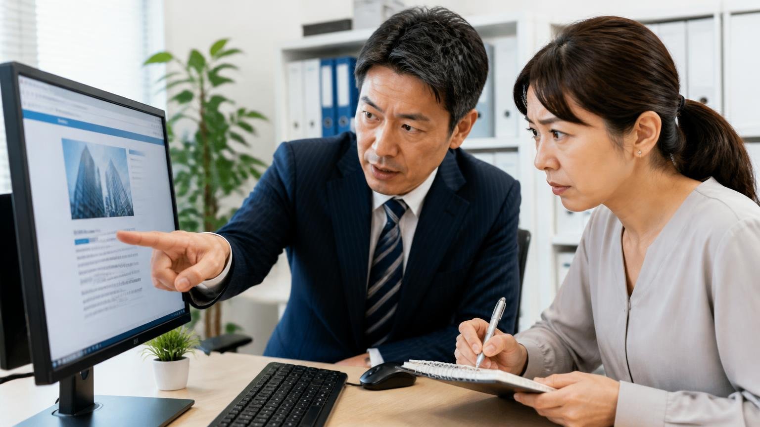古物商許可番号が公開されているという確認ポイント。事務所でパソコン画面の会社概要ページを指さす男性と、メモを取る女性が真剣な表情で確認している