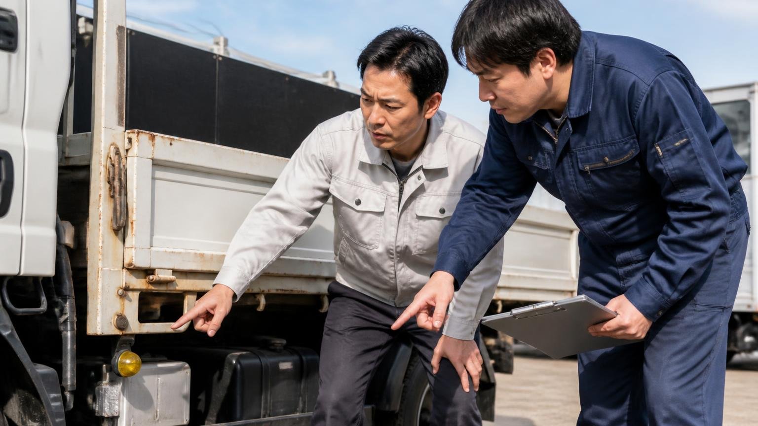 無料出張査定と書類手続き無料代行の条件を確認する 屋外でトラックの荷台まわりを確認する場面 作業着の男性2人が指差し確認