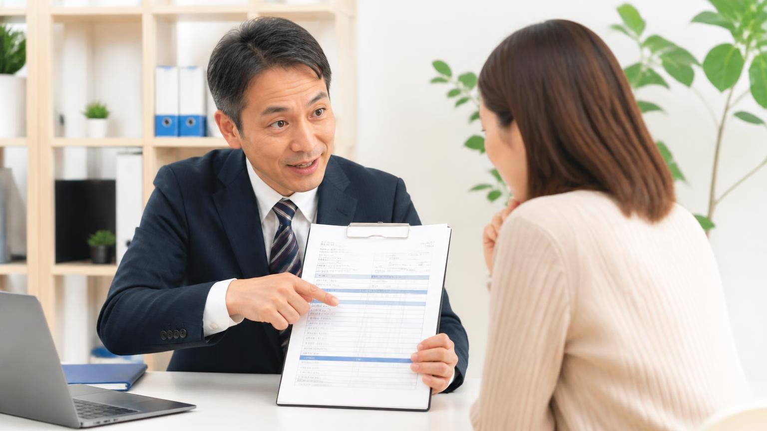 査定料・出張費は無料。ただし書かれていない項目もある。事務所で見積書を指さして説明する男性1人と聞く女性1人