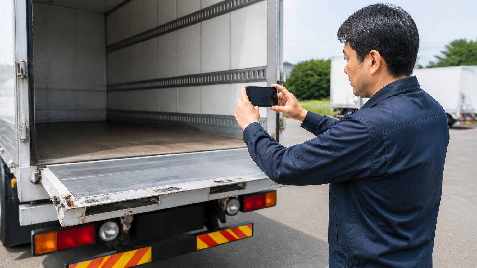 遠方でも動画や写真で車両の状態を伝える。屋外でトラックの荷台をスマホで撮影する男性1人が真剣