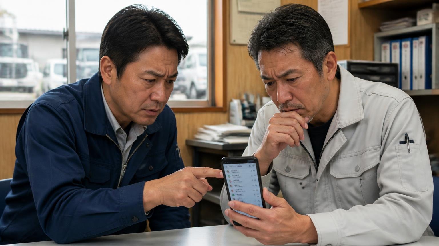改善したと言うが今も報告がある、車庫脇の事務所でスマホの着信履歴を見せ合う男性2人が渋い顔
