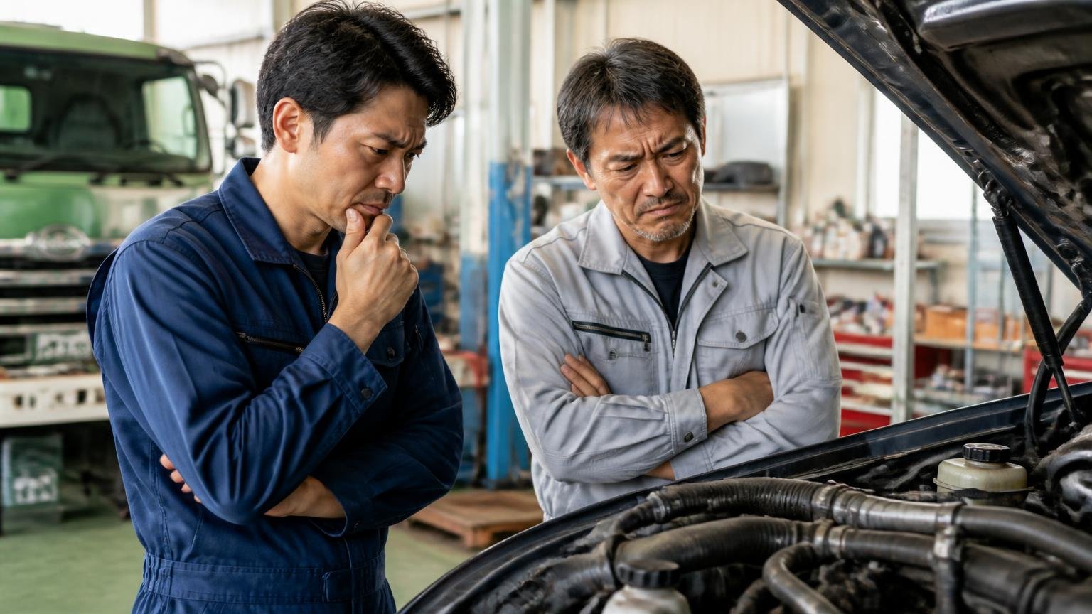 整備のしやすさと修理代の差。整備工場でトラックのボンネットを開けて点検する2人が渋い表情