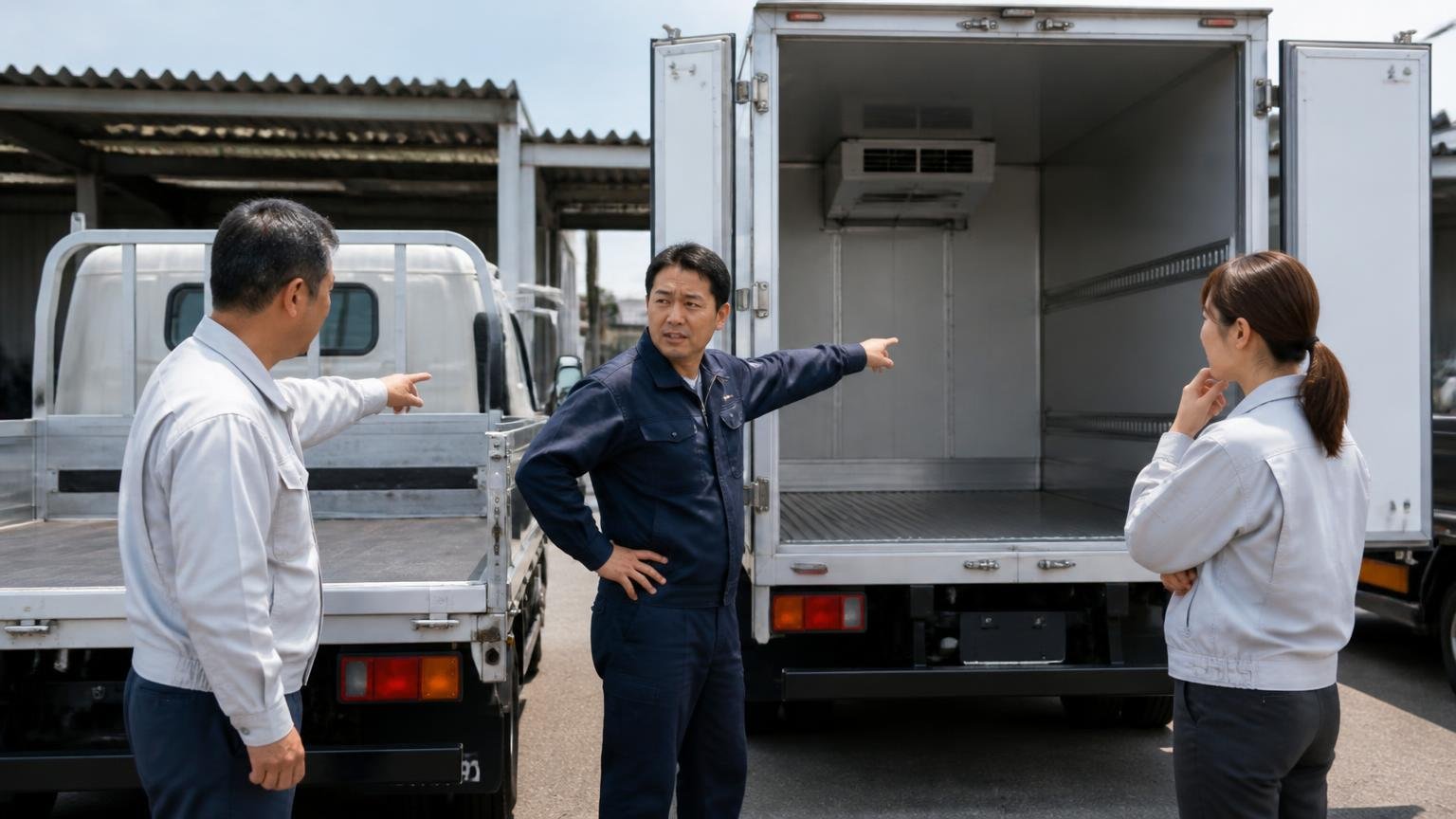 架装と装備の組み合わせで価格帯が別次元になる 屋外の車庫で平ボディと冷凍車の荷台を見比べる 男性2人と女性1人 荷台を指さして話し込む