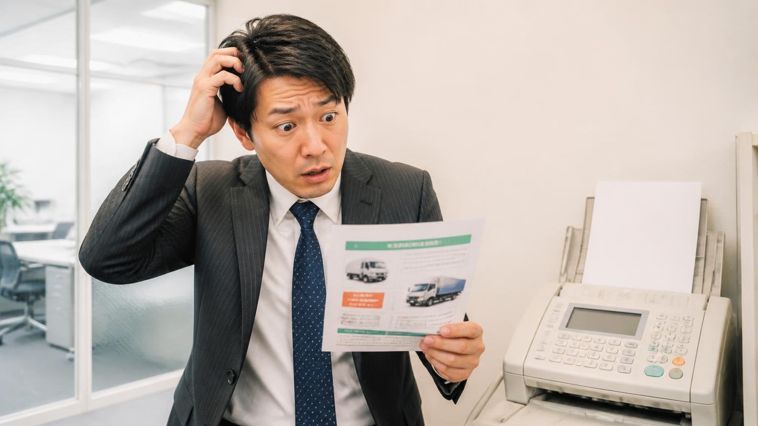 トラックを持っていない会社にも届く理由。一般オフィスのFAX前で男性1人が買取案内の紙を掲げ困惑