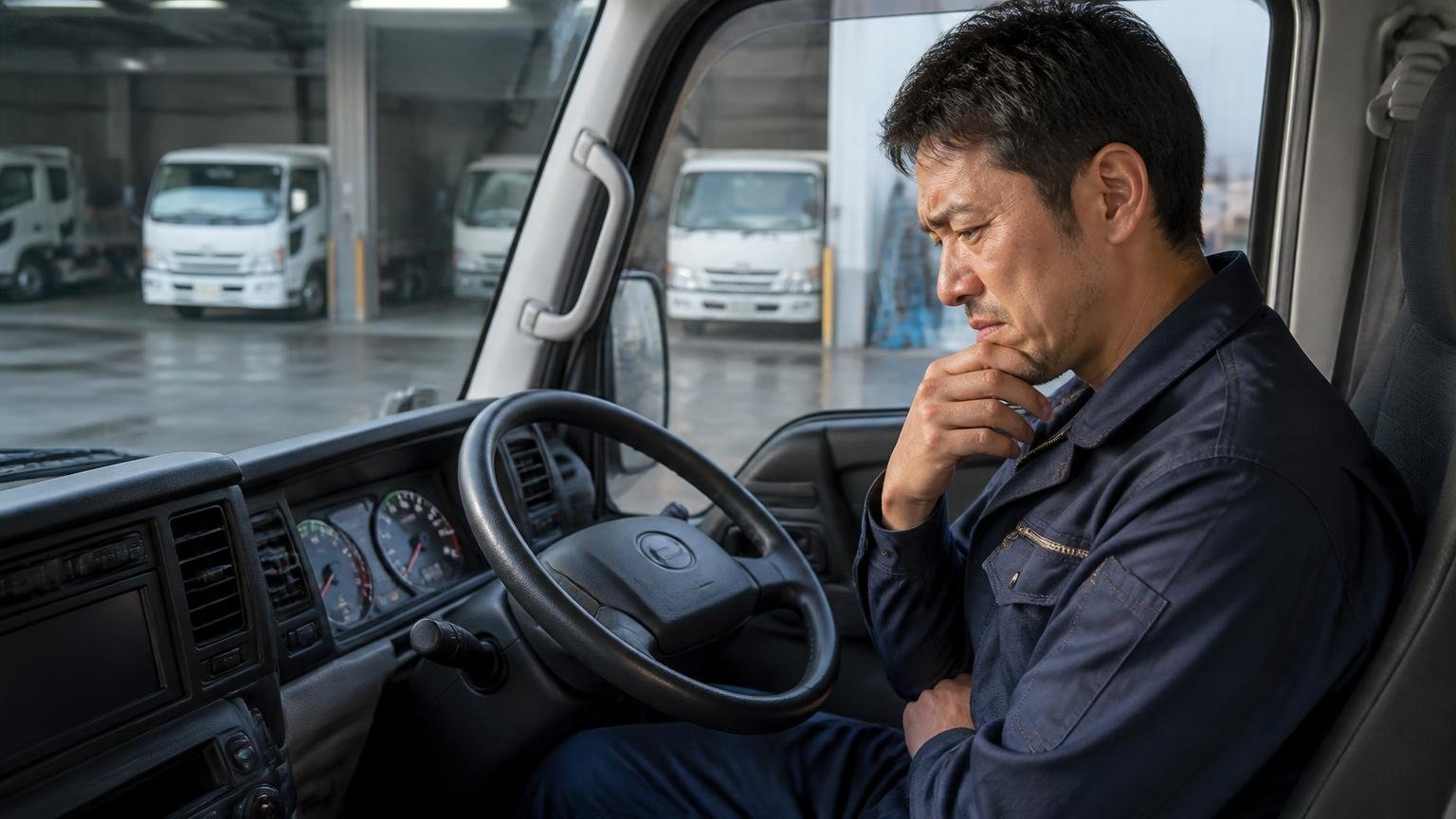 DPF再生の繰り返しが燃料を減らす/早朝の車庫でアイドリング中のキャンターの運転席/男性1人/メーター表示を見て渋い顔
