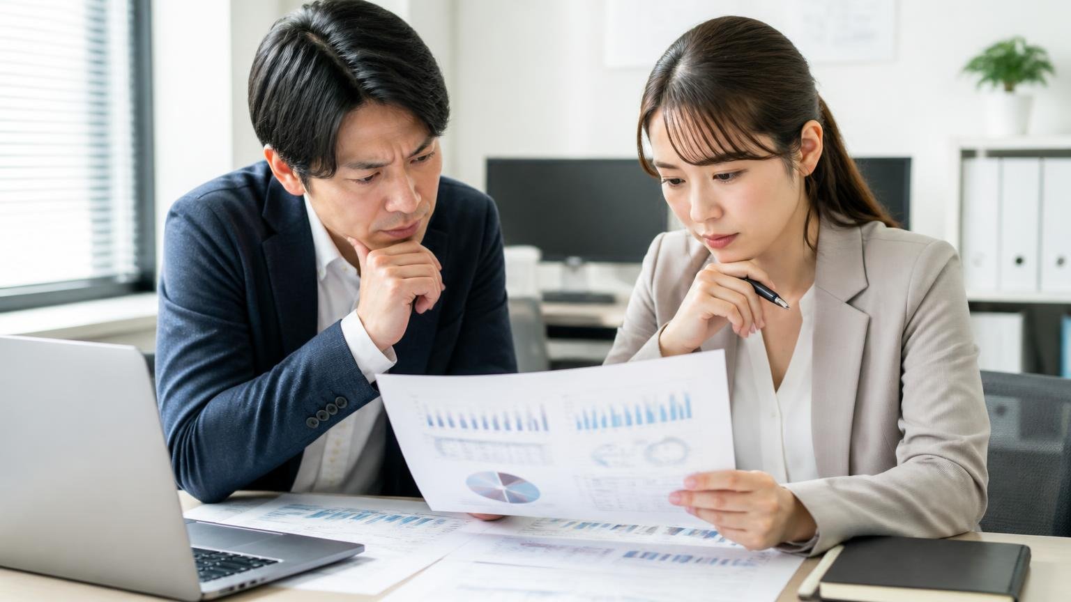 公式サイトが出している実績数値と、その読み方 事務所で実績ページを印刷した紙を手にする 2人 冷静に数字を突き合わせる表情