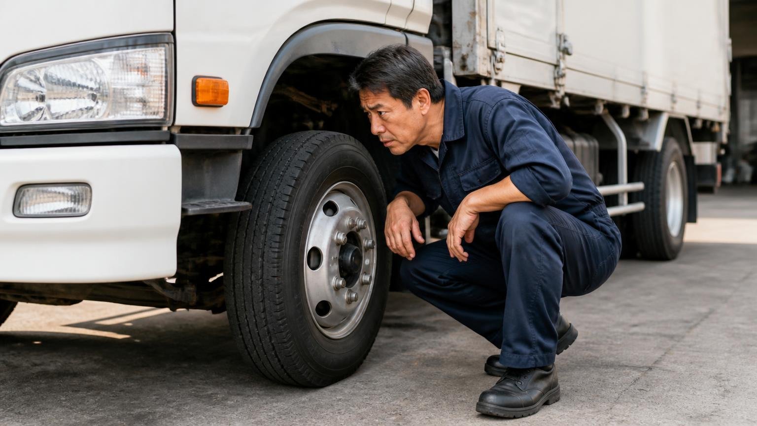 ③ 「乗り心地がいいはず」なのに跳ねる、という矛盾 早朝の車庫でトラックの前輪まわりをしゃがんで覗き込む男性1人