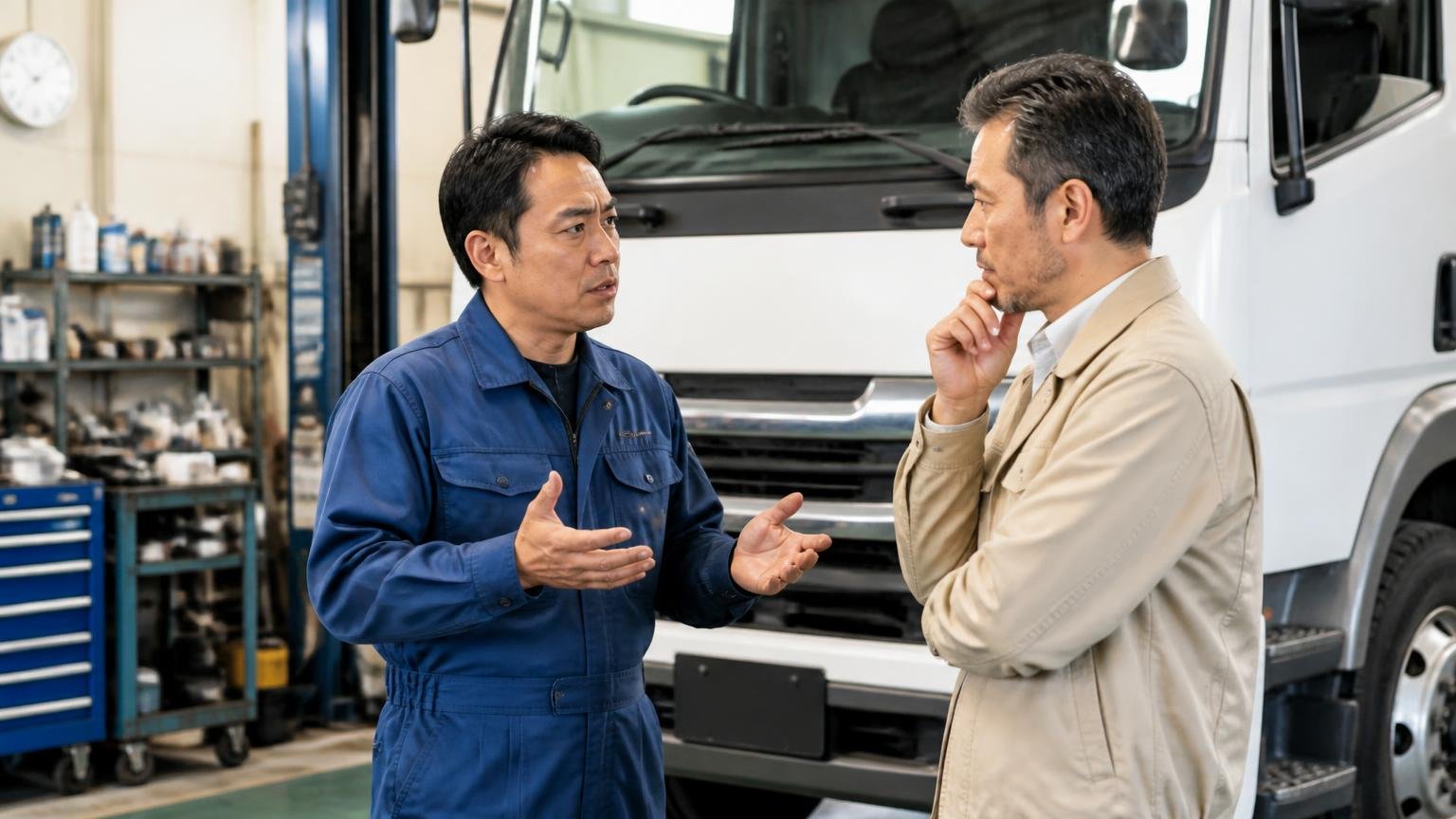 整備工場に持ち込むべきサイン|整備工場でトラックの前に立つ整備士と所有者の2人が真剣に話し込む