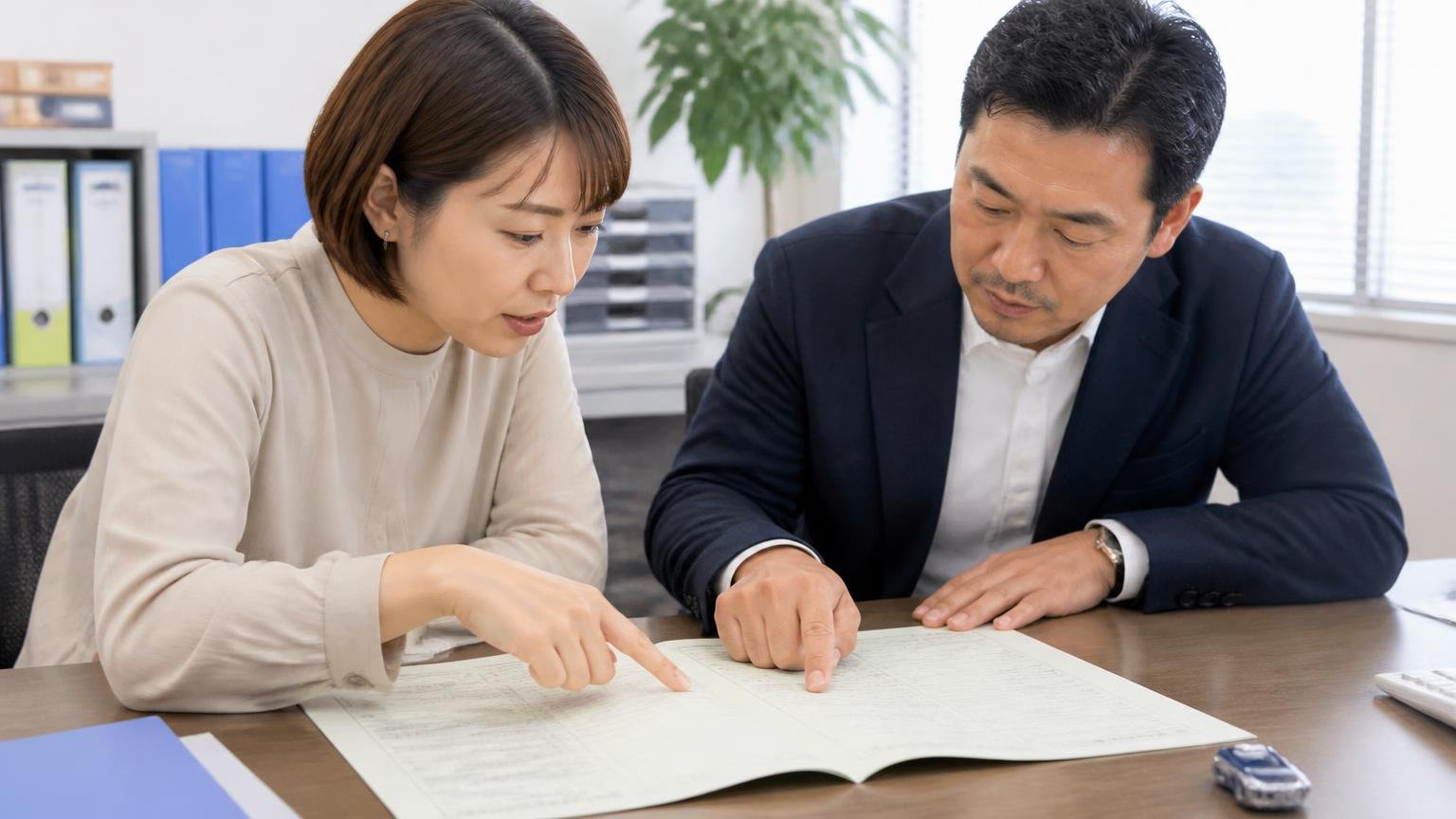 自分の1台のタイプを確かめる。事務所の机で車検証を広げて30代女性と40代男性が型式を指さす