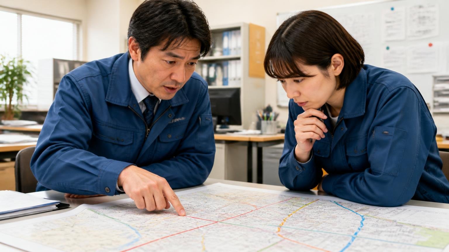 どんな使い方だと問題になるか 事務所で運行ルートの地図を広げて指をさす男女2人が真剣に話し合う