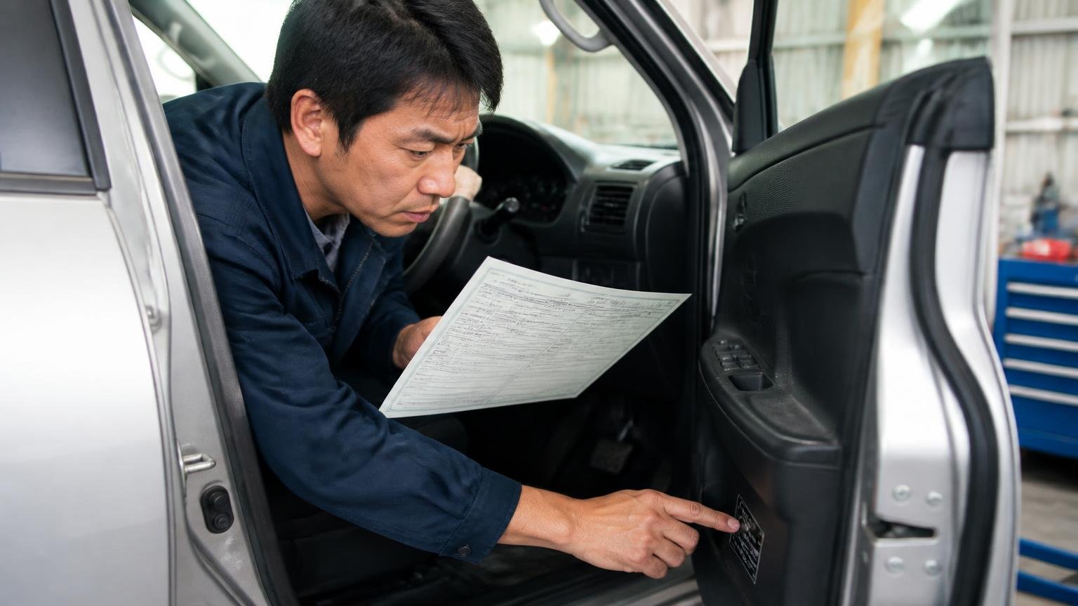 車台番号での確認。早朝の車庫で運転席のドアを開け、車検証を手にした男性が真剣な表情で番号を読む