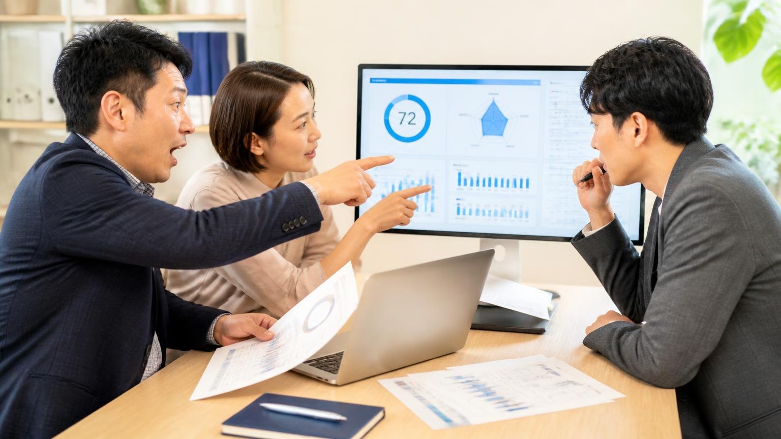 クオンの評価点を数字で見る、事務所で査定書とパソコン画面を見ながら打ち合わせ、男女3人が画面を指差して議論する