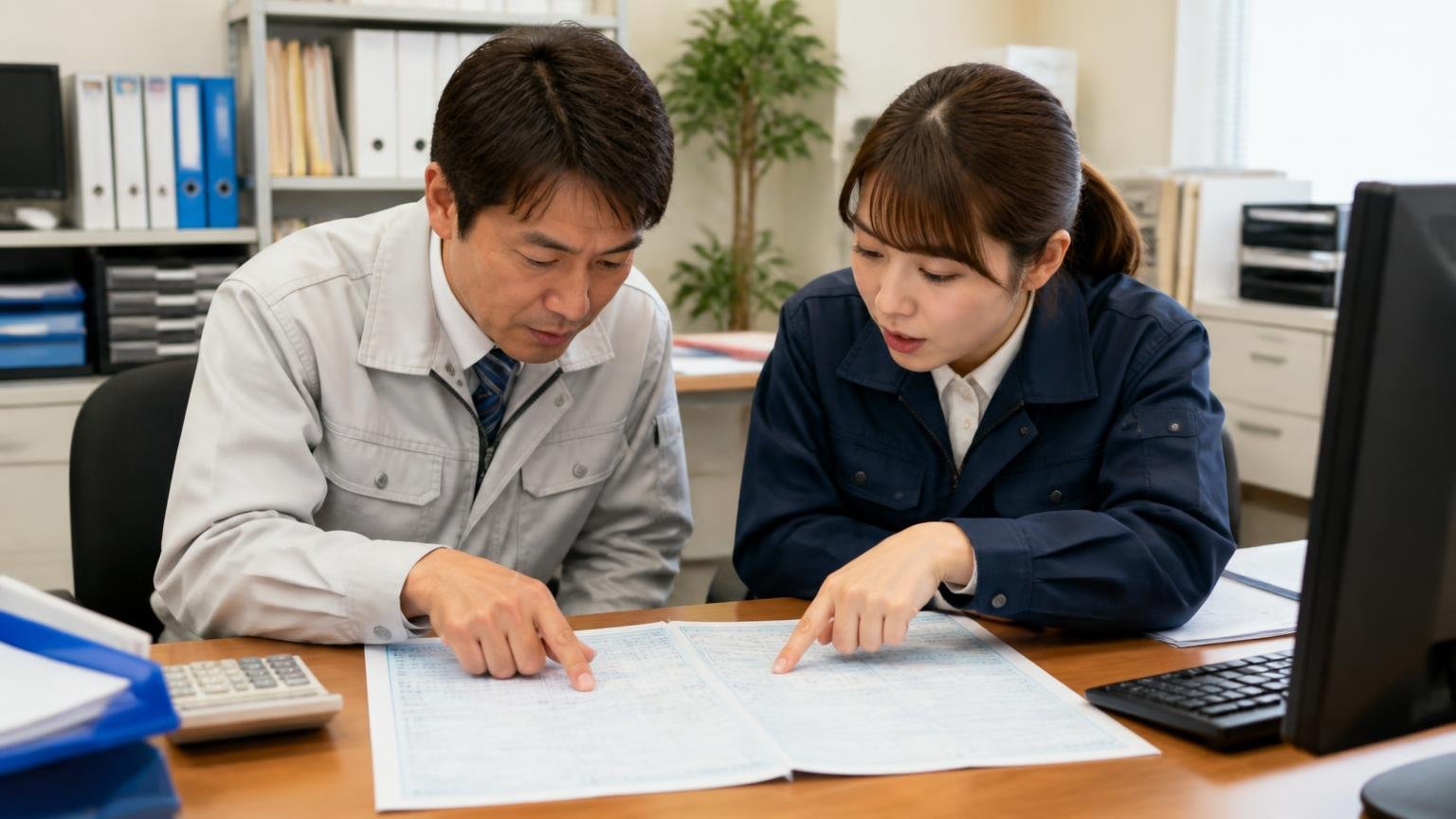 車検証で年式と型式を確認。事務所の机で車検証を広げた男性1人と女性1人が身を乗り出して指さす
