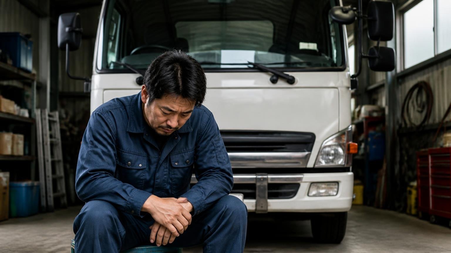 止まっている時間の問題　車庫に停めたまま動かないトラックの前　男性1人　うつむく