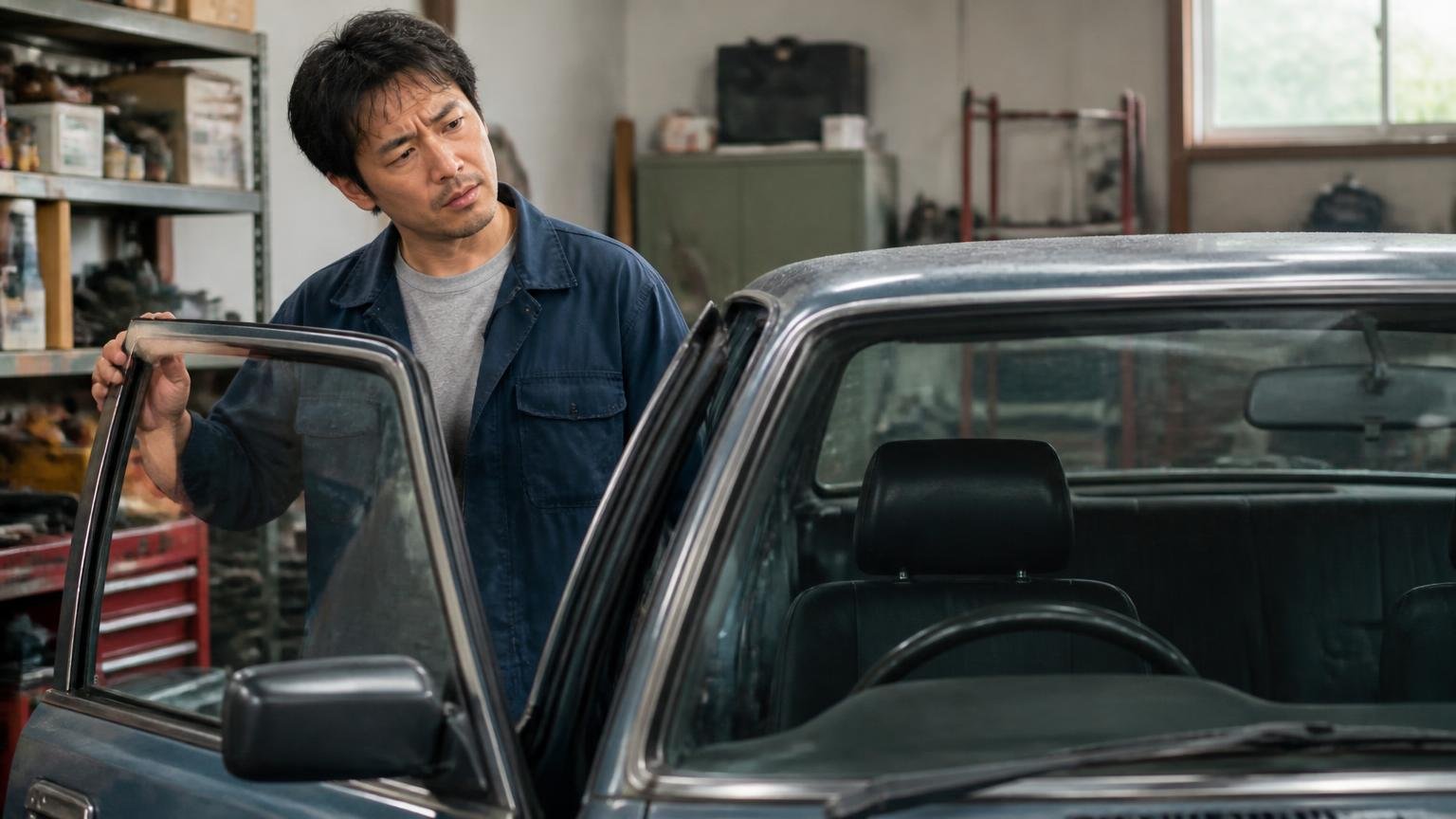壊れた話と乗り味の話が混ざっている 早朝の車庫で運転席のドアを開ける場面 男性1人 首をかしげる表情