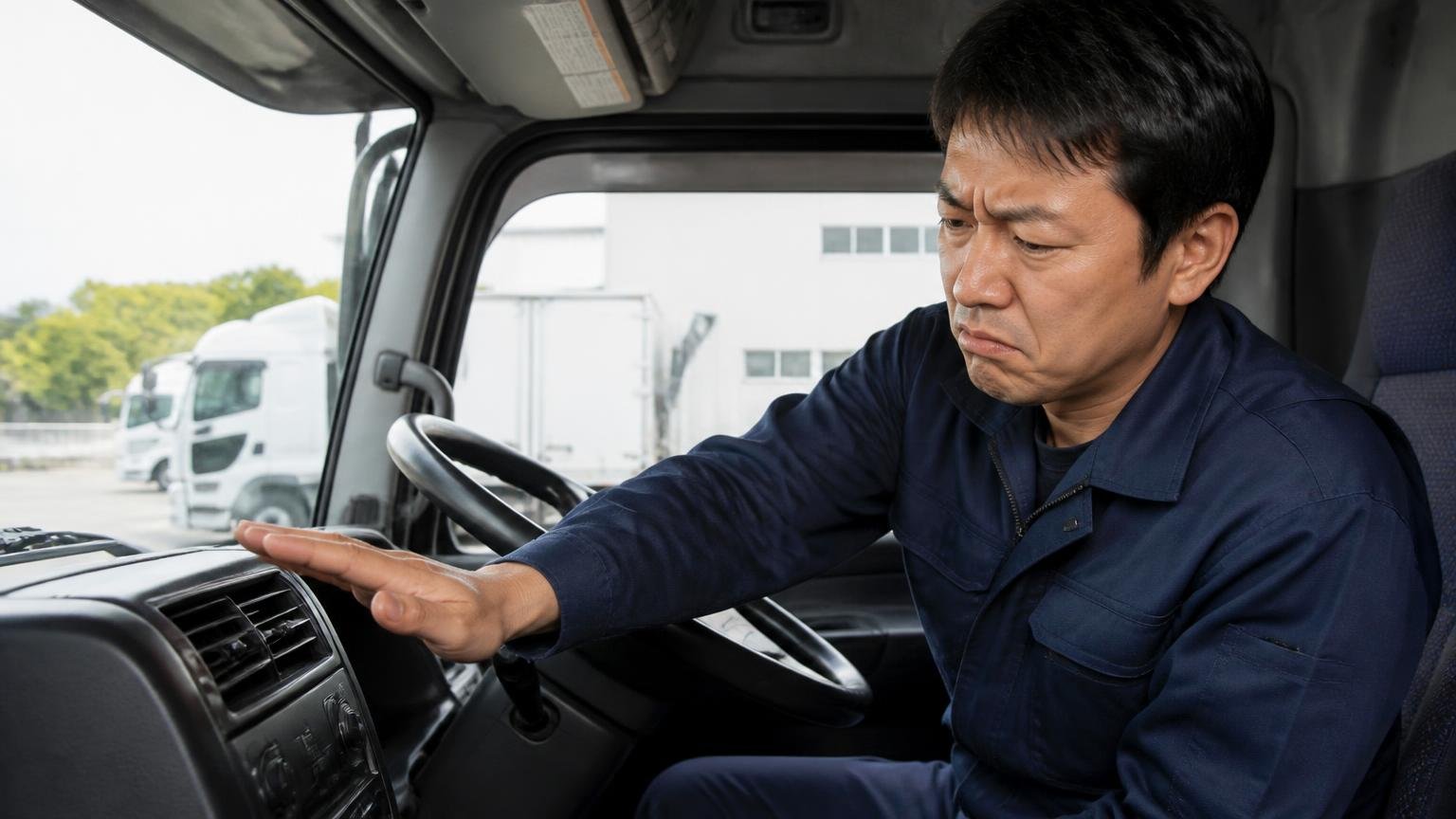 そもそも故障ではない使いにくいという不満|大型トラックの運転席で男性1人が眉をひそめエアコン吹き出し口に手をかざす