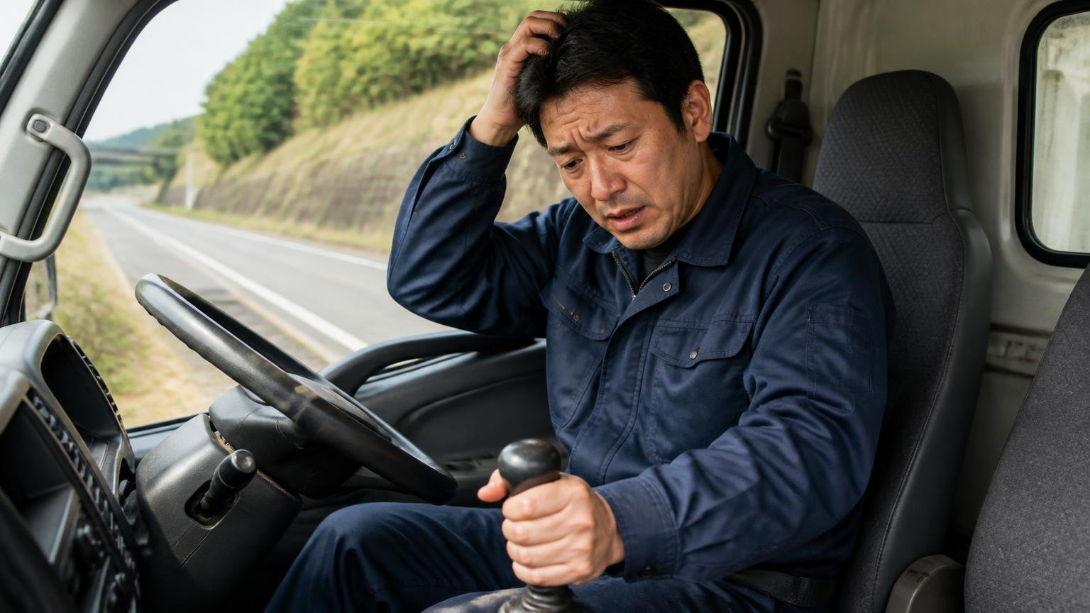 DUONICのトラブル 路肩に停まったキャンターの運転席 40代男性がシフトレバーを握り困惑する