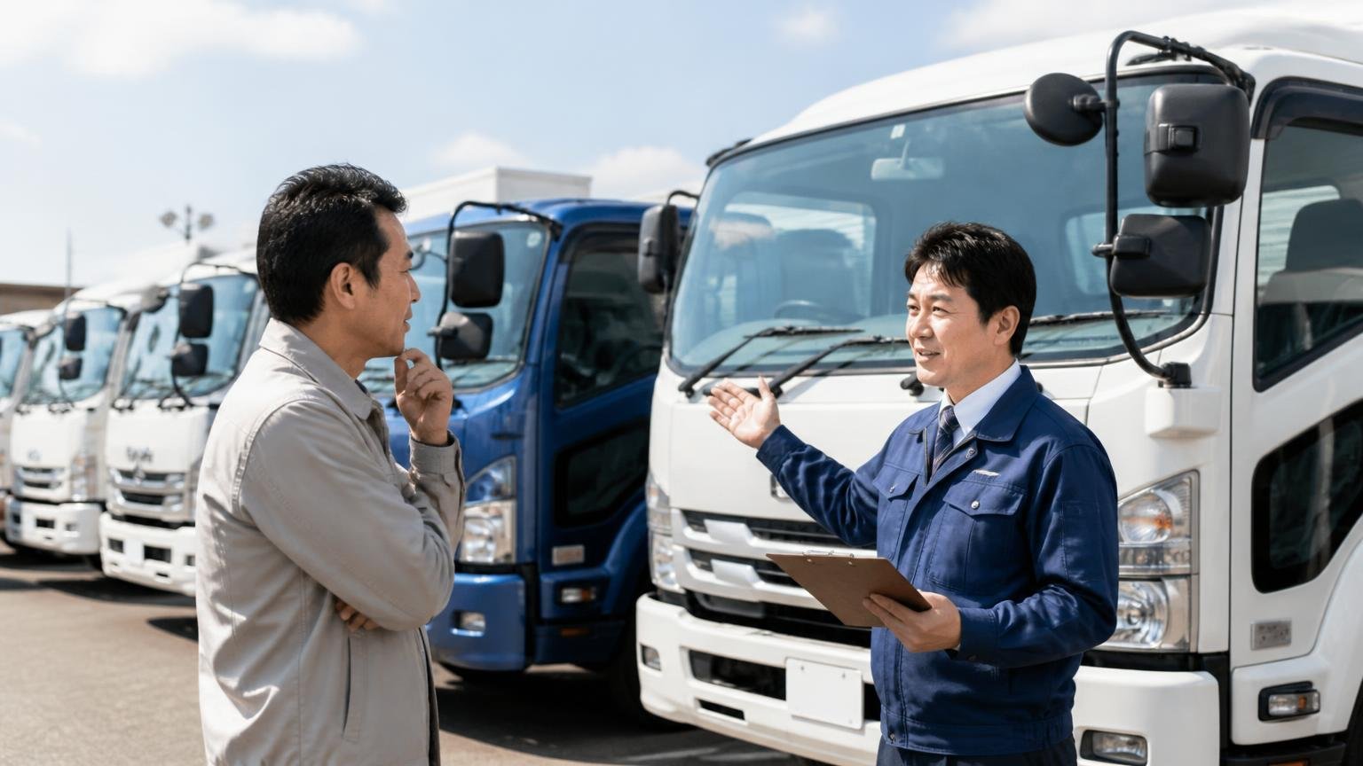 自社で売り貸すから中間手数料が乗らない強み。展示場に並ぶ中古トラックの前で説明する男性2人
