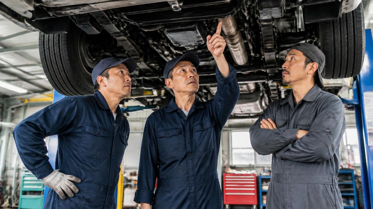 ベテラン揃い。整備工場のリフトに上がったトラックの下回りを見上げ、真剣に指さす作業着の男性3人
