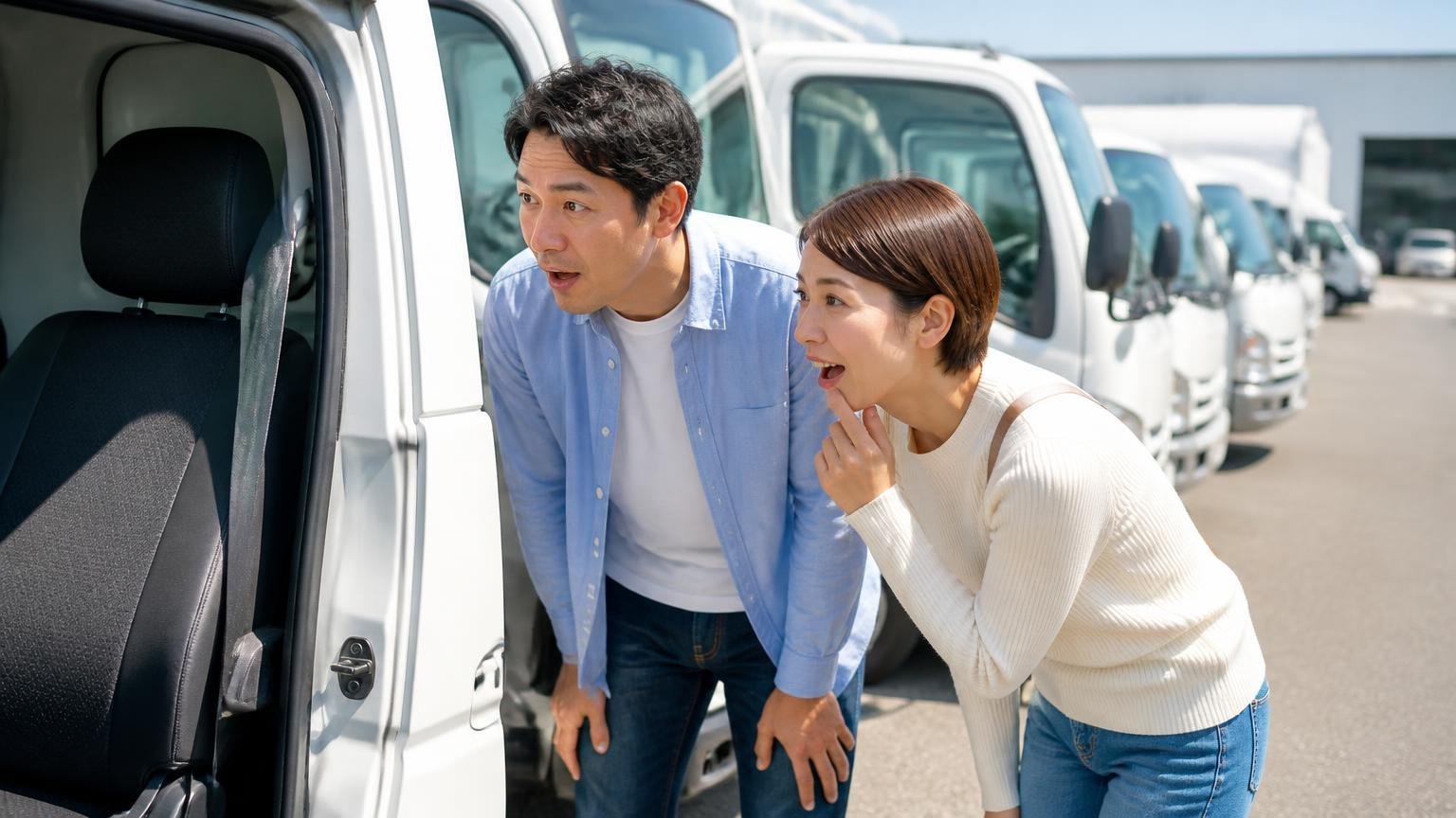 支店の口コミ:レンタル車両の清潔さとアクセス 清掃されたバンやトラックが並ぶ屋外ヤードで車体をのぞき込む男女2人 感心した表情