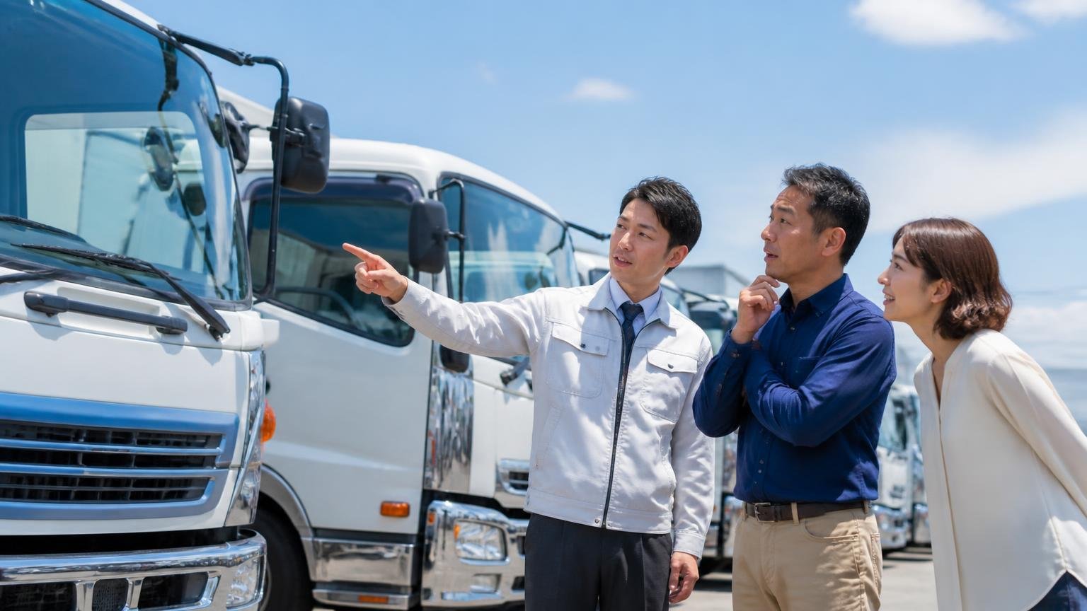 高年式できれいな在庫という評価。晴れた屋外の展示場で並んだトラックを見比べ指をさす男性2人と女性1人