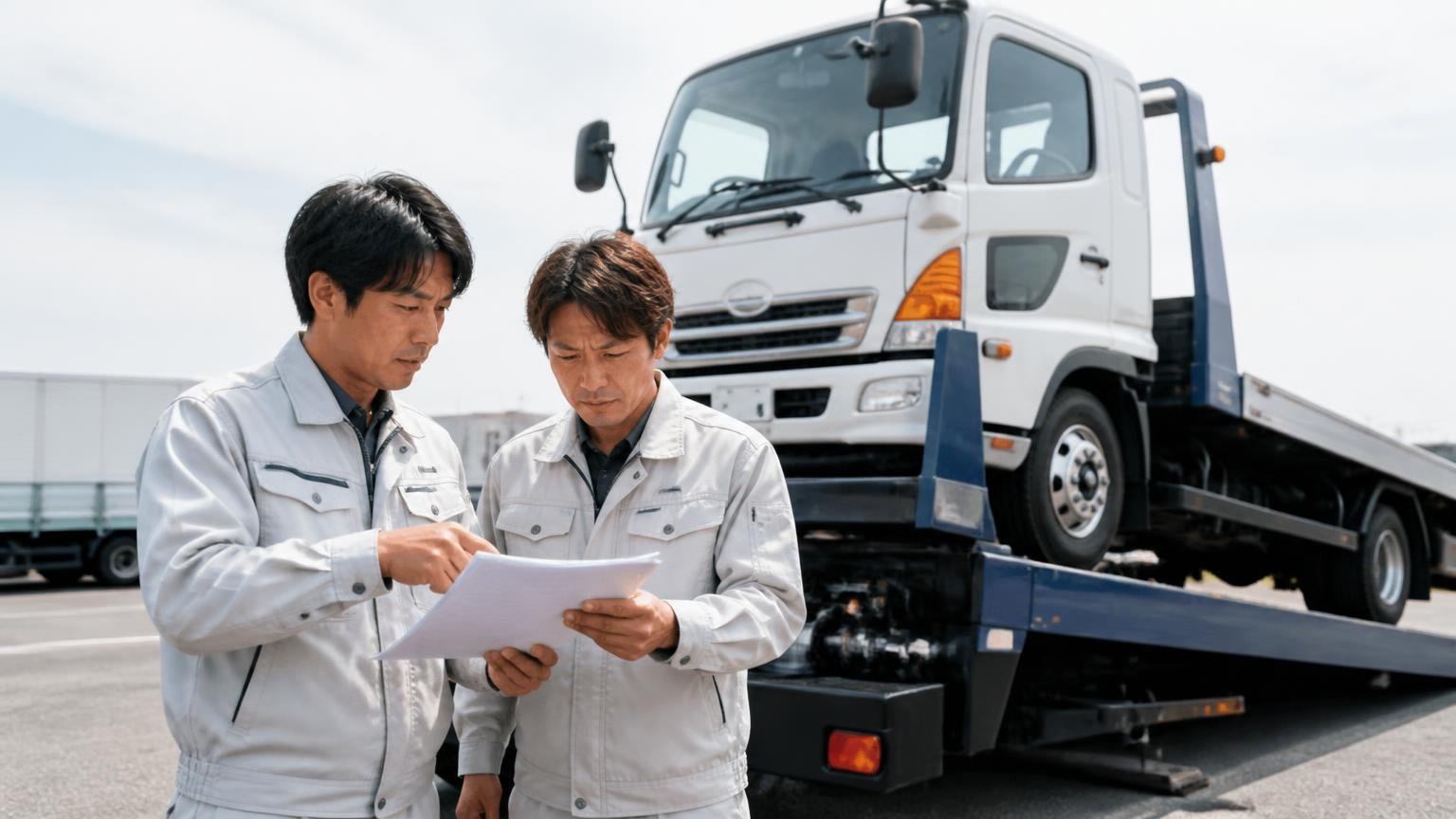 申し込みから入金まで、実際は9つの工程がある|積車に載せられるトラックの前で書類を手に立つ作業着の男性2人