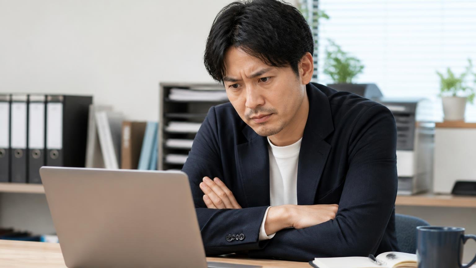 ④ エンジン認証不正の記憶と、その後の現在地 事務所でノートパソコンのニュース記事を読み、腕を組んで考え込む男性1人