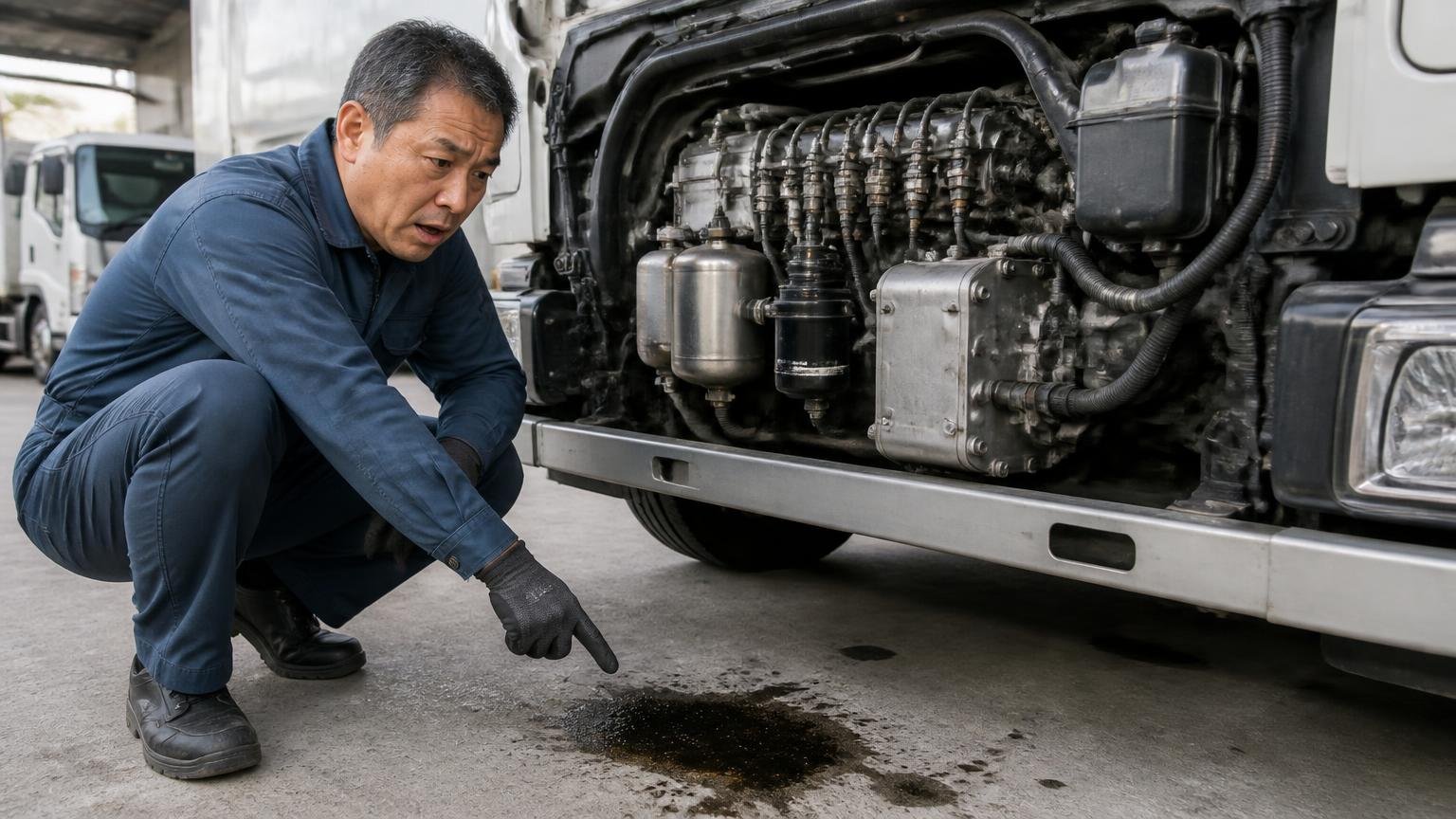 インジェクターと燃料まわり尿素を使う後処理装置とオイル漏れ 早朝の車庫でボンネットを開ける 50代男性が油染みを指さす