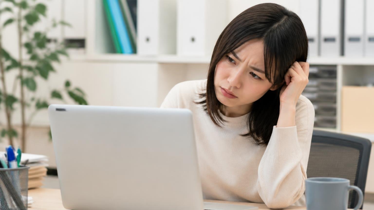 公式サイトの「お客様の声」も2件だけ。しかも買取の声はない 事務所でパソコン画面を見ながら首をかしげる女性1人 眉を寄せる