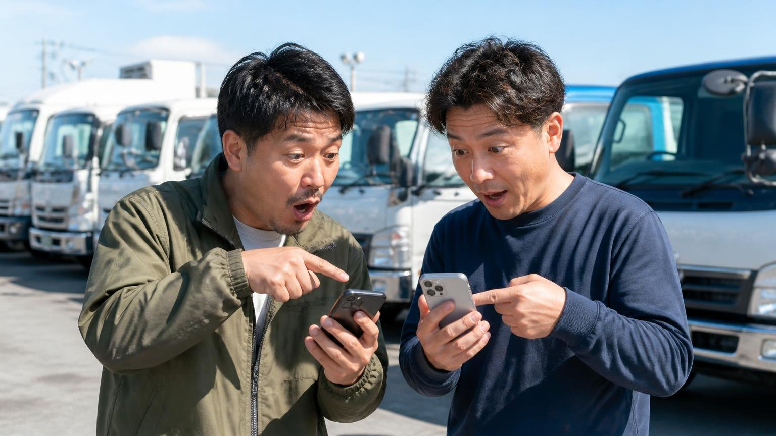 中古の探しやすさを検証する。中古トラック販売店の展示場に並ぶ車両の前で2人がスマホを見比べる