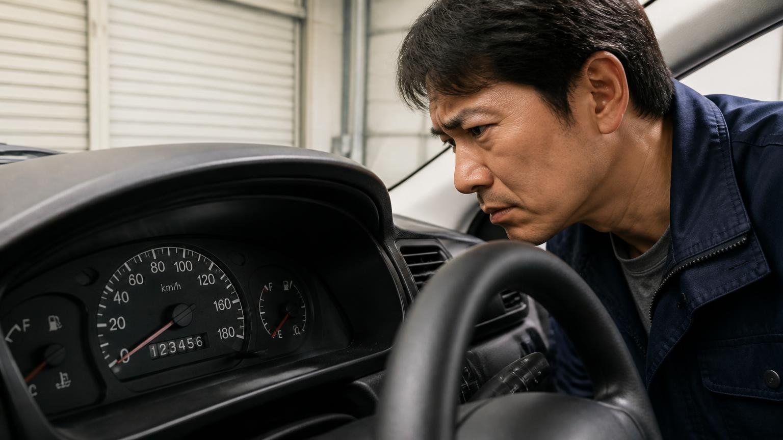 年式と走行距離には値落ちしやすい節目がある 早朝の車庫で運転席の走行距離計をのぞき込む 男性1人 6桁の数字を見て眉をひそめる