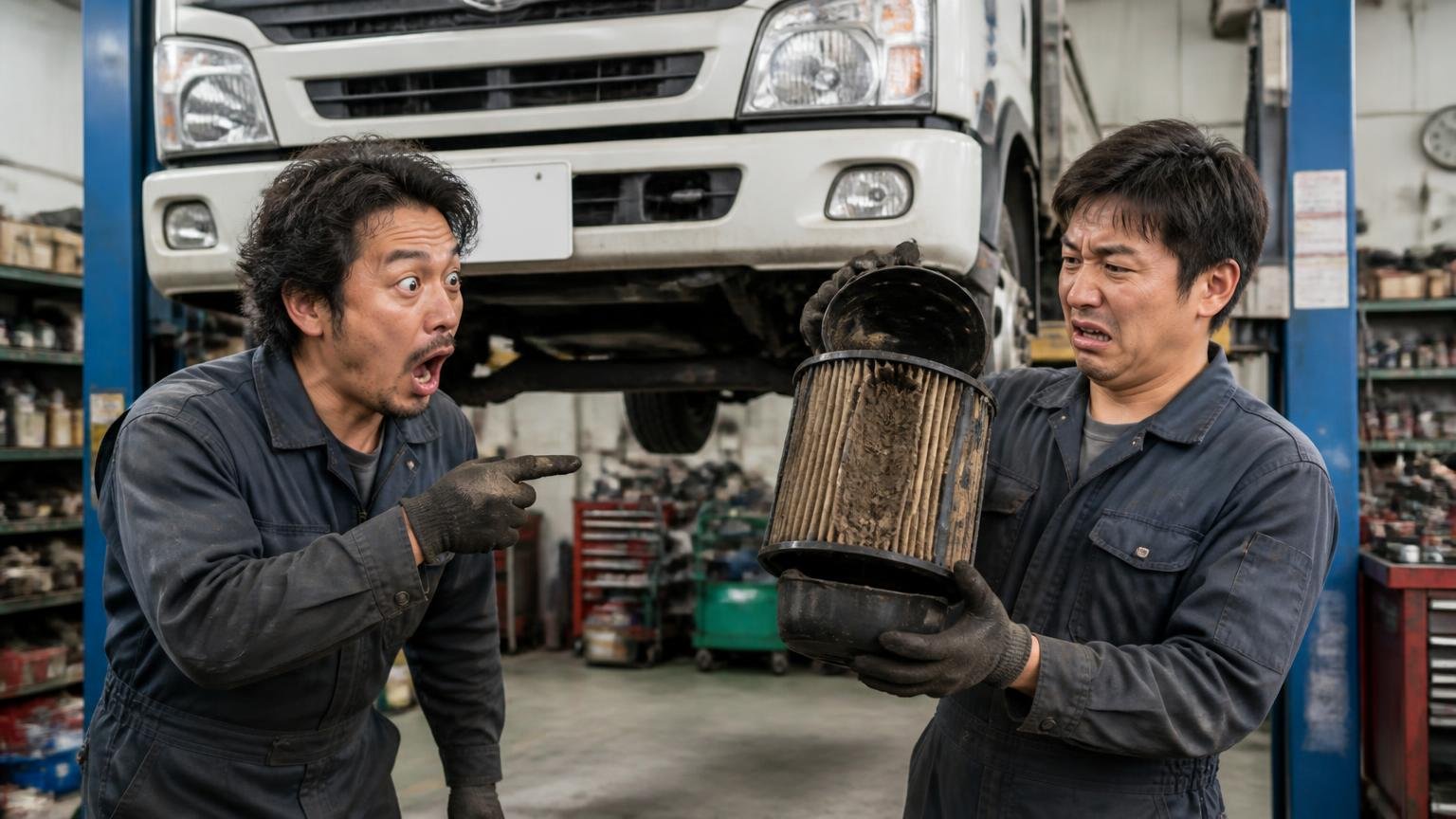 整備の放置が積み上がって効く/整備工場のリフト上のキャンターの前/整備士2人/エアクリーナーを取り出して見せる