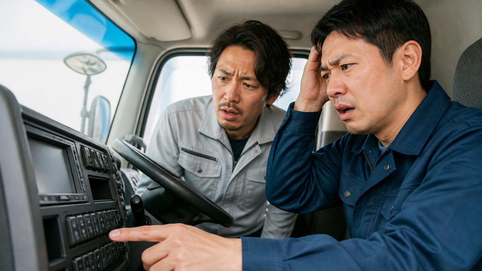 操作系の世代感と装備が付いていない問題。運転席のスイッチ群を指さして困惑する男性2人