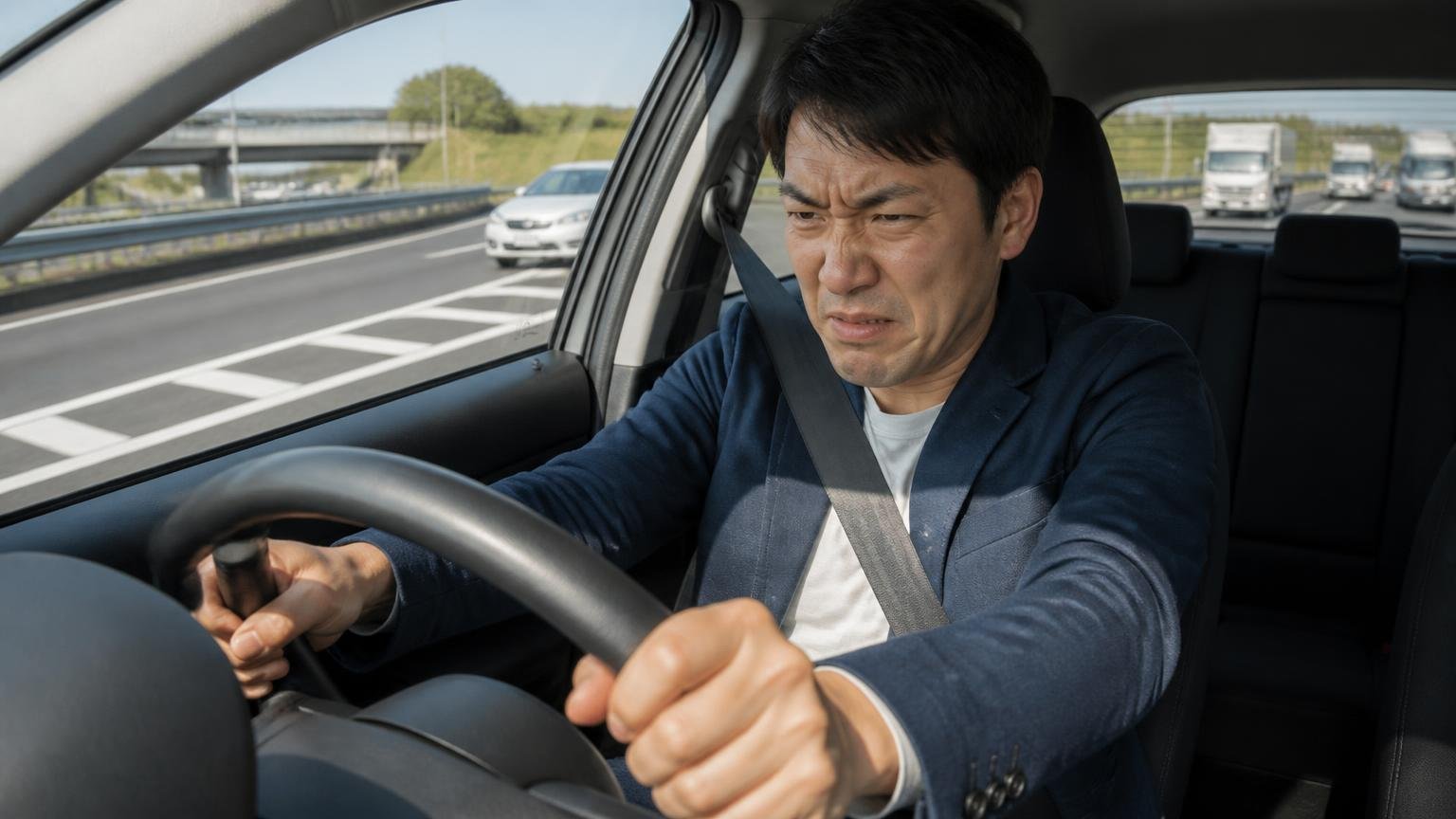 踏んでもキックダウンしにくい|高速道路の合流でアクセルを踏み込む運転席の男性1人が渋い顔