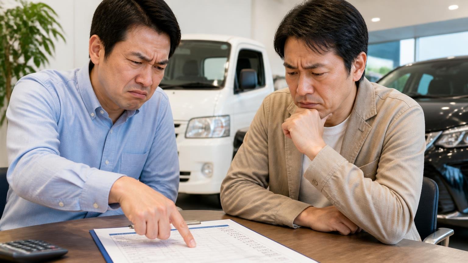不満④車両価格が高く、積載量が減る 販売店の商談席で見積書の金額を指さして渋い顔をする男性2人
