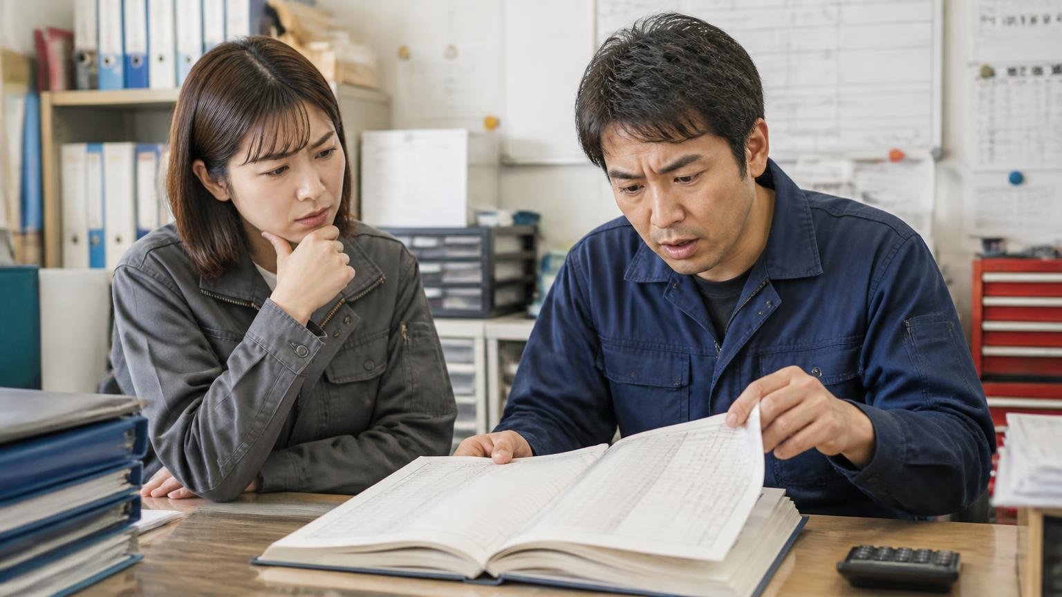 整備の記録が残っていない個体は評価のしようがない 事務所の机で整備記録簿のページをめくる 女性1人と男性1人 記録の空白に気づく表情