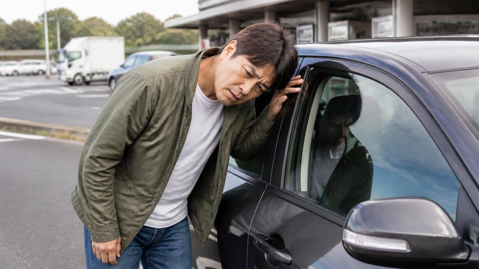 ドアの異音と風切り音。高速道路のパーキングエリアで運転席ドアの上部に耳を近づけ確かめる男性1人