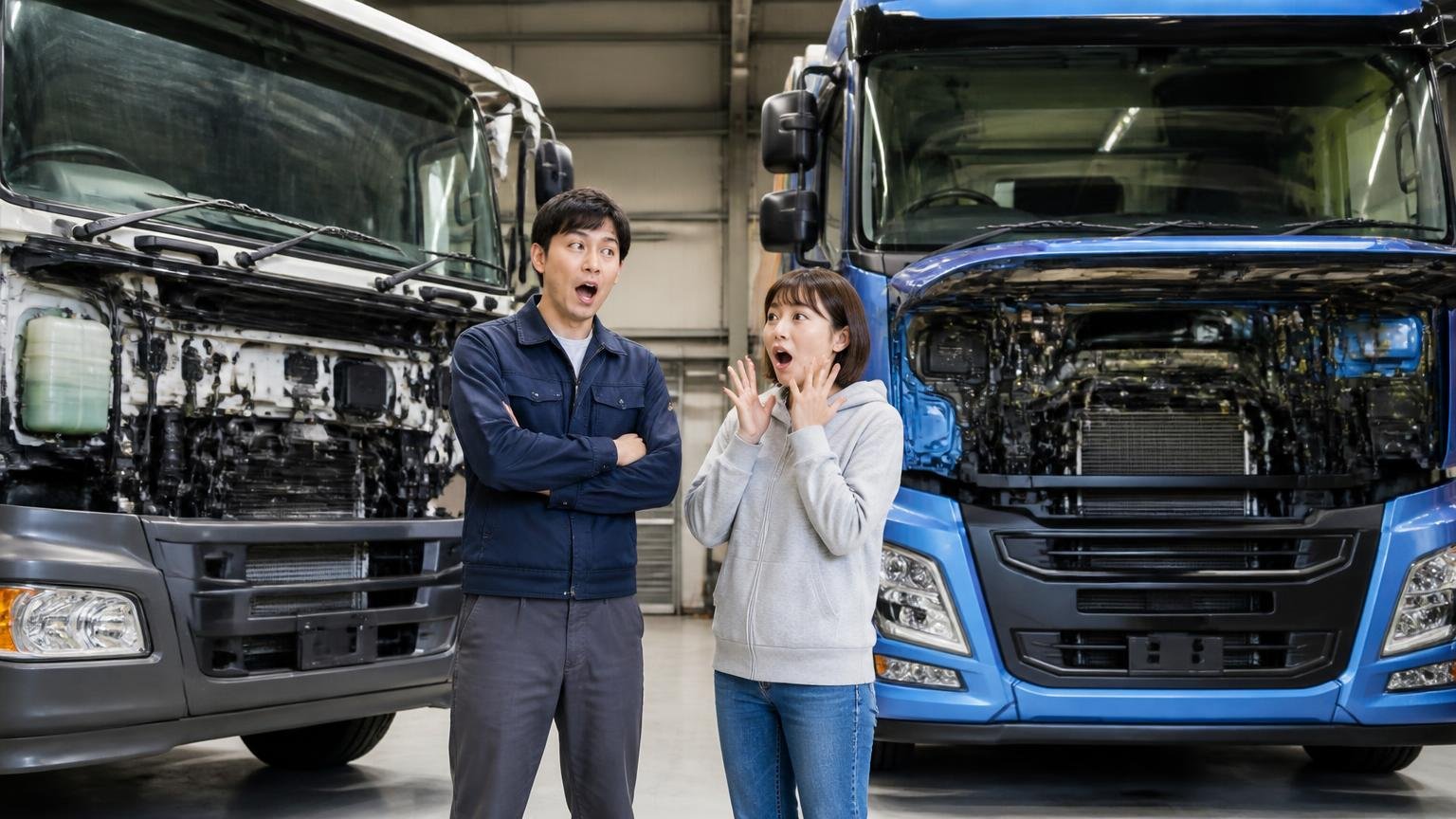 ⑤ 年式が違えば、中身はほぼ別の車 車庫で年式の違う大型トラック2台を見比べて驚く男性1人と女性1人