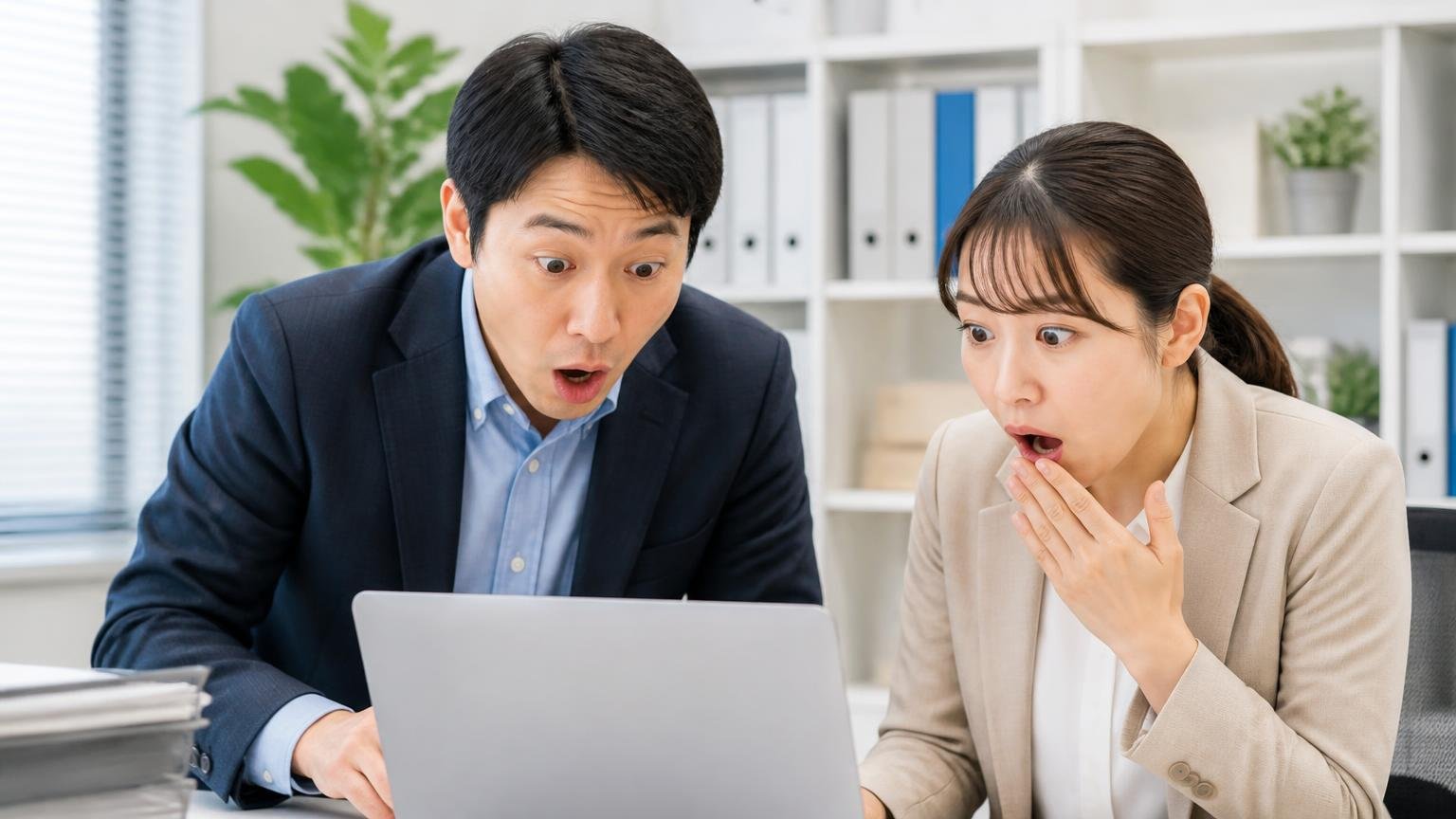 新車販売台数の実データを確認する。事務所でパソコンの統計データを見る2人が驚いた表情