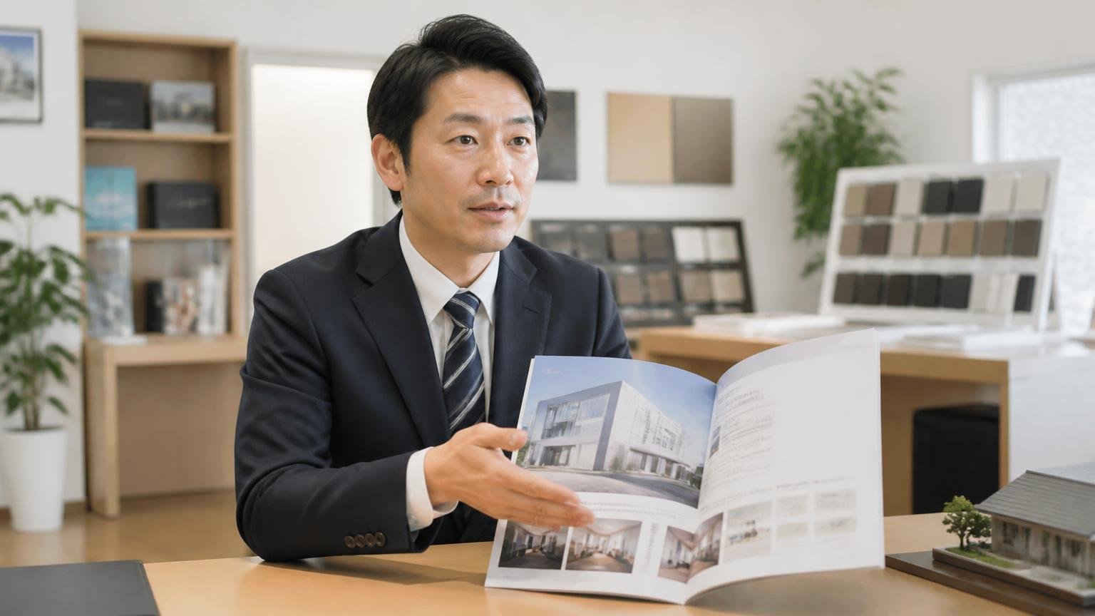 1990年創業、福岡証券取引所Q-Board上場(証券コード3047) 展示場の事務所で会社案内を手に説明する男性1人 落ち着いた表情