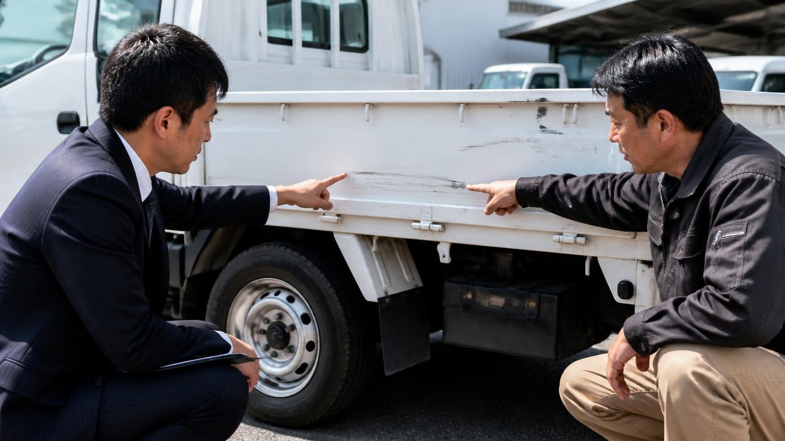 悪い点も含めて説明してくれたが決め手 トラックの荷台まわりを確認する屋外 営業担当と客の男性2人が真剣に傷を指さす
