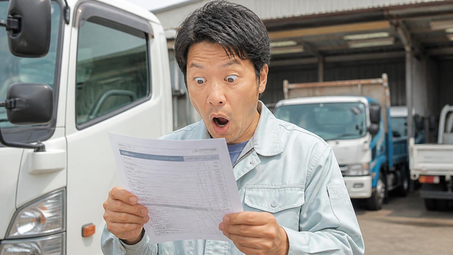 「思っていた以上に高く売れた」という声|営業所の車庫で査定書を見て目を見開き驚く作業着の男性1人