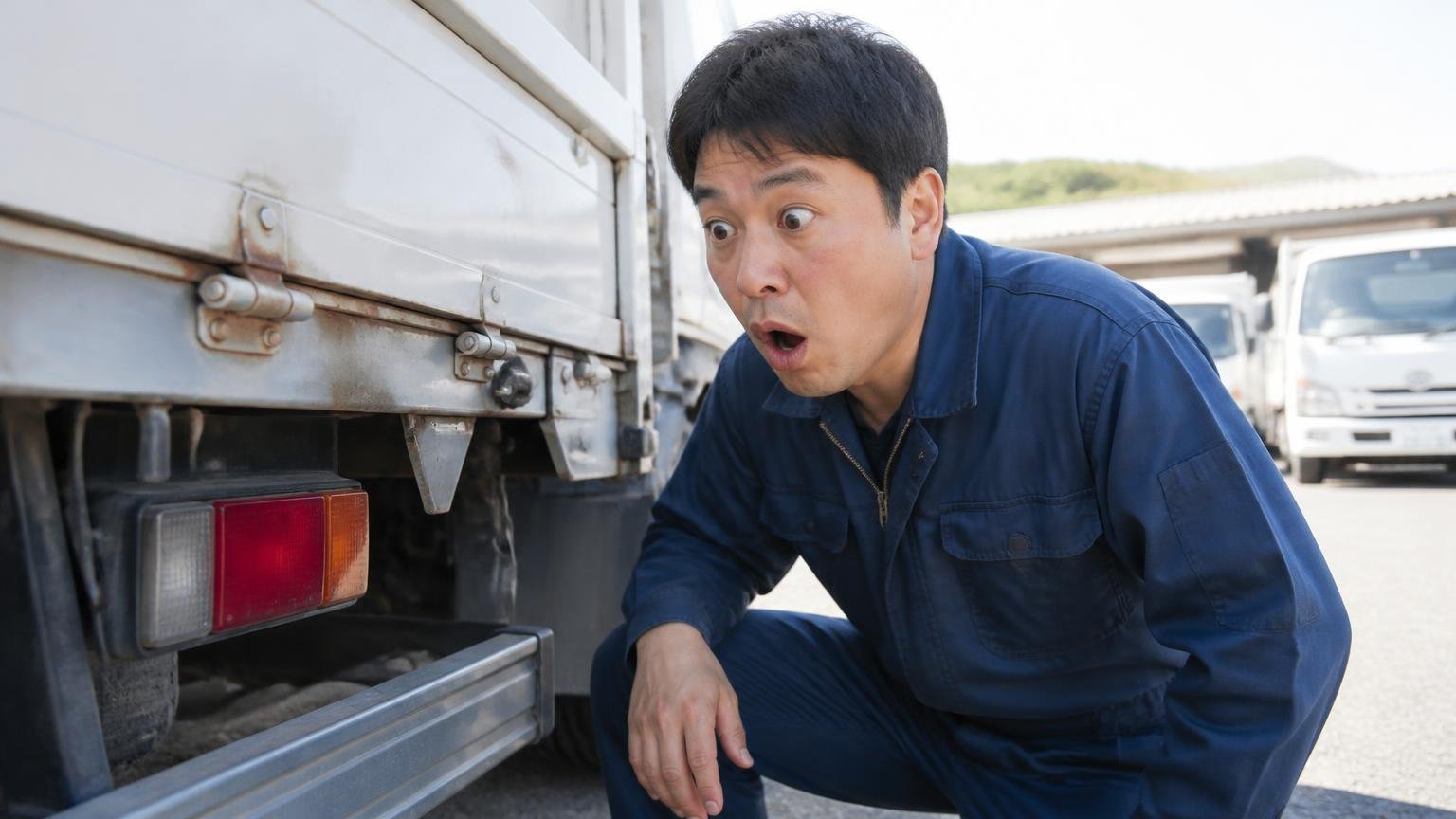 金額に触れていた、たった1件の声|トラックの荷台まわりを確認する屋外で査定結果を聞いて目を見開く男性1人